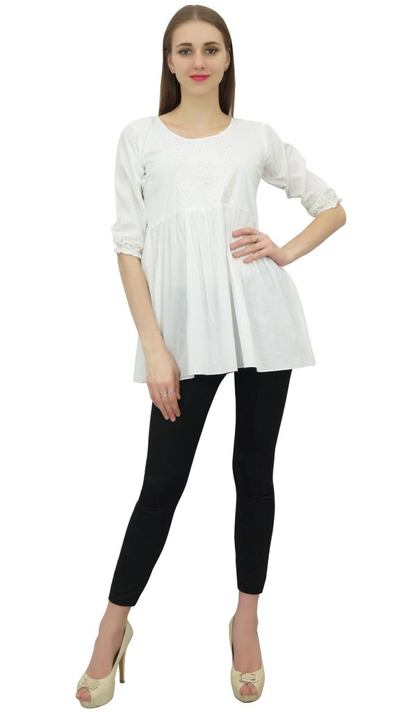 Bimba Женская летняя повседневная белая туника в стиле бохо с кружевом, рукав 34, хлопок