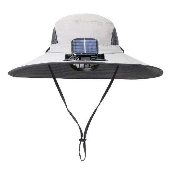 Men Outdoor Hat with Detachable Solar Fan Large Brim Windproof Strap USB Charging Anti-UV Sunlight Protection Hollow Mesh Great Breathability