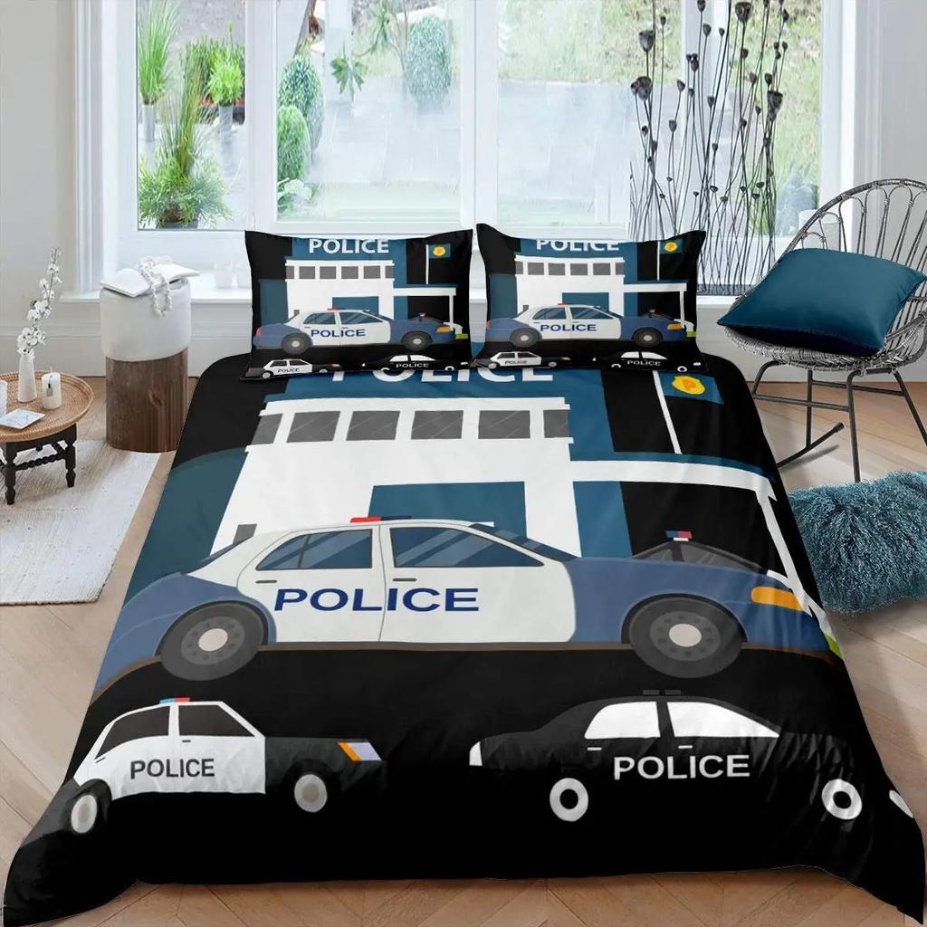 Police Car Duvet Cover Set King Queen Size Polyester Quilt Cover Cartoon Car Pattern For Kids Teens Bedding Set With Pillowcase