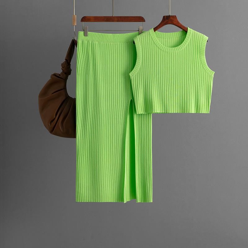 European and American Solid Color Sleeveless Vest Fashion Suit 2025 Summer New Knitted Slit Skirt Two-piece Suit