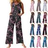Women's Fashion Casual Button Sleeveless Jumpsuit Floral Flower Print Cotton Pocket Jumpsuit