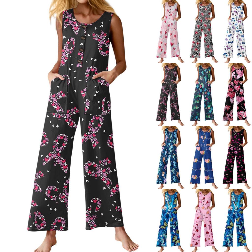 Women's Fashion Casual Button Sleeveless Jumpsuit Floral Flower Print Cotton Pocket Jumpsuit