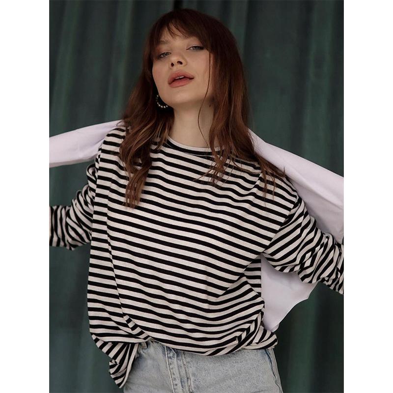 Женская полосатая футболка Hirsionsan с длинными рукавами, весна-лето 2023, большие футболки из 100% хлопка, женские повседневные шикарные футболки, топы для девочек
