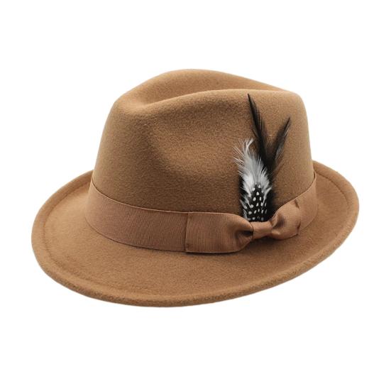 Men Fedora Hat Feather And Bow Decor Vintage Short Brim Felt Hat Solid Color Women Panama Hat 1920s Floppy Hat for All-Day Wear