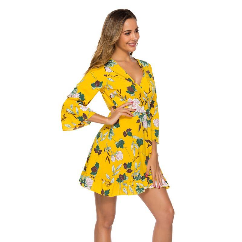 Europe and America Cross Border Spring and Summer Big Flower V Neck One Piece Shoelace Slim Fit Ruffled Horn 3/4 Sleeve Dress Dress