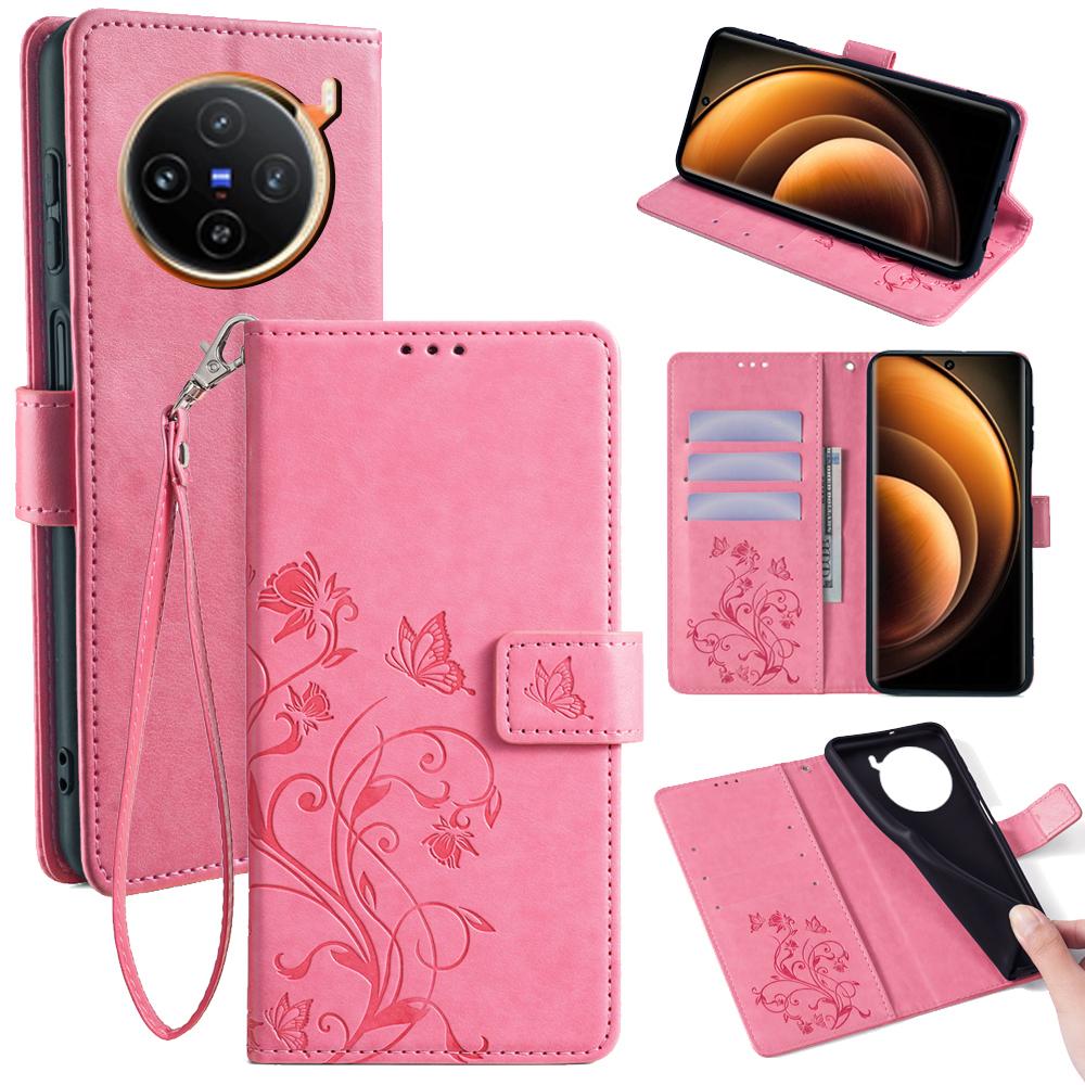 For vivo X100 5G Wallet Case Butterfly Imprinted PU Leather Wrist Strap Phone Cover