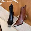 Кожаные массивные женские ботильоны с острым носком на высоком каблуке, сексуальная обувь 2025 года, модные новые туфли-лодочки, зимние туфли-челси Botas De Mujer