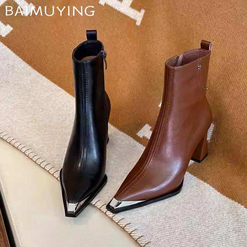 Кожаные массивные женские ботильоны с острым носком на высоком каблуке, сексуальная обувь 2025 года, модные новые туфли-лодочки, зимние туфли-челси Botas De Mujer