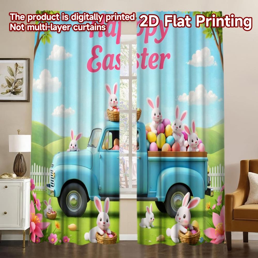 2D FLAT PRINTING 2pcs Curtains (Without Rod) Easter Bunny Truck Popular Curtains&Drapes Machine Washable Fabric Curtains Eid