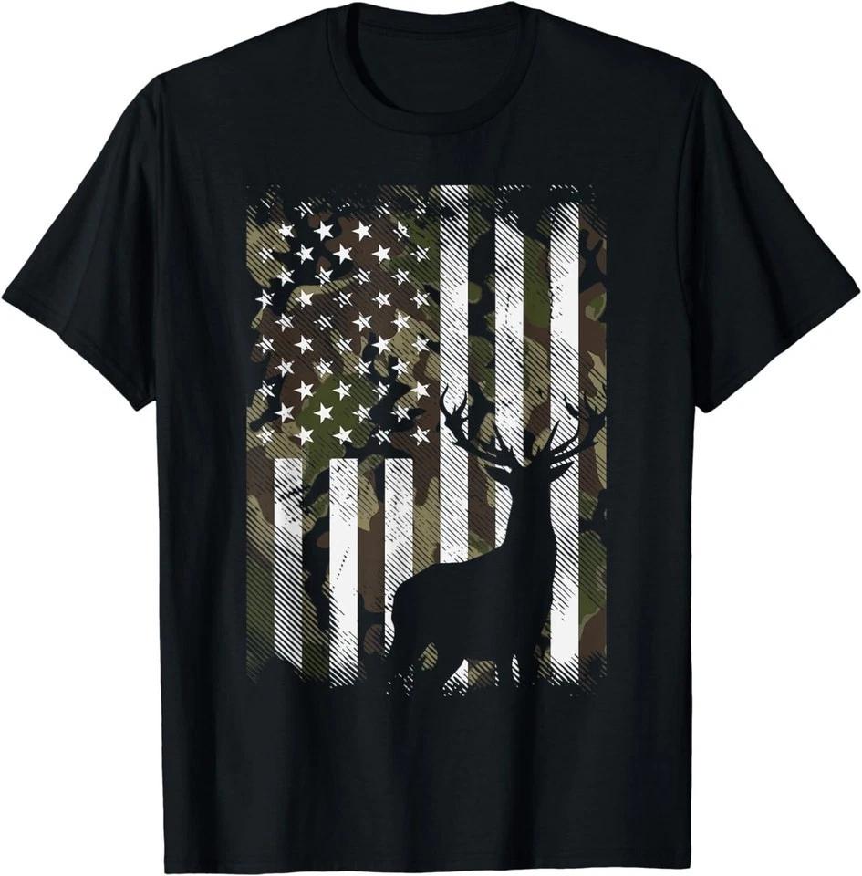 Camo US Flag Deer Elk Buck Camoflage Hunting Hunter Dad Unisex Shirt S-5XL E1487