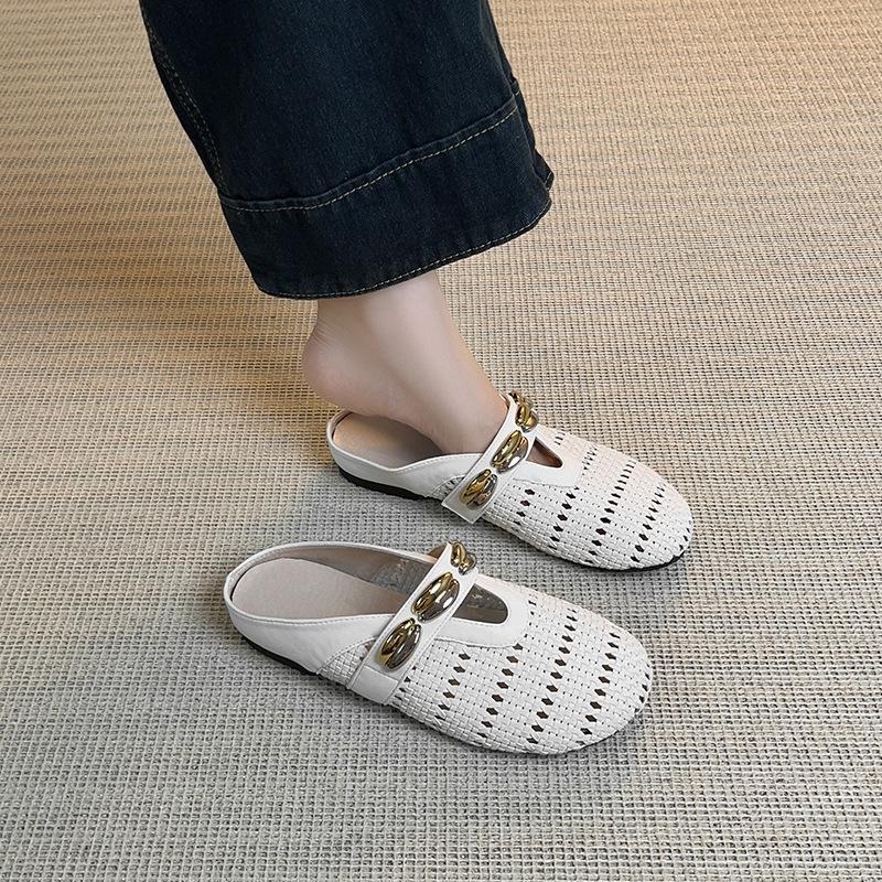Relaxation summer flat-bottomed cool slippers women's bag head retro woven hollow light luxury style one pedal outside wearing sandals women