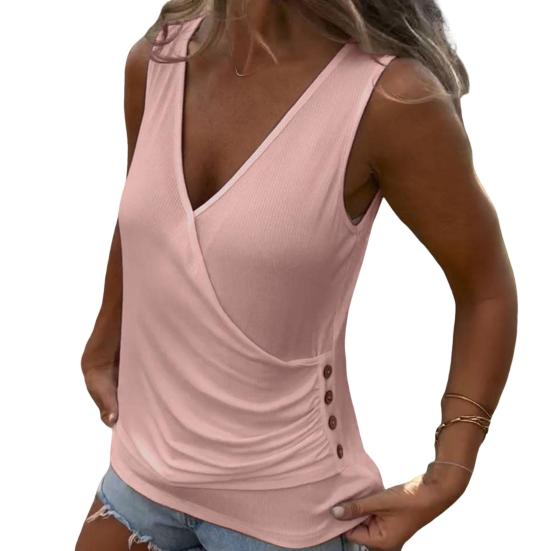 Женский жилет с V-образным вырезом, без рукавов, плиссированный, с пуговицами, декорированный, однотонный, летний, из мягкой эластичной ткани, топы