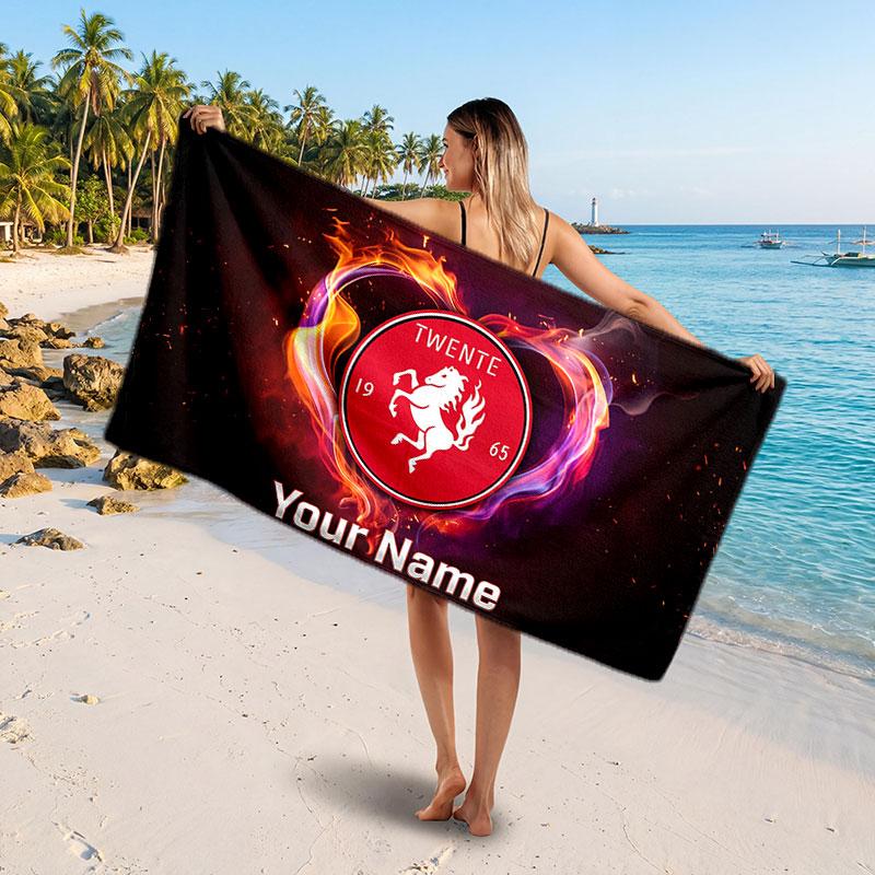 FC Twente Custom Beach Towel, Personalized Name Text Print, Football Logo Soft Quick‑Dry Towel Holiday Gift