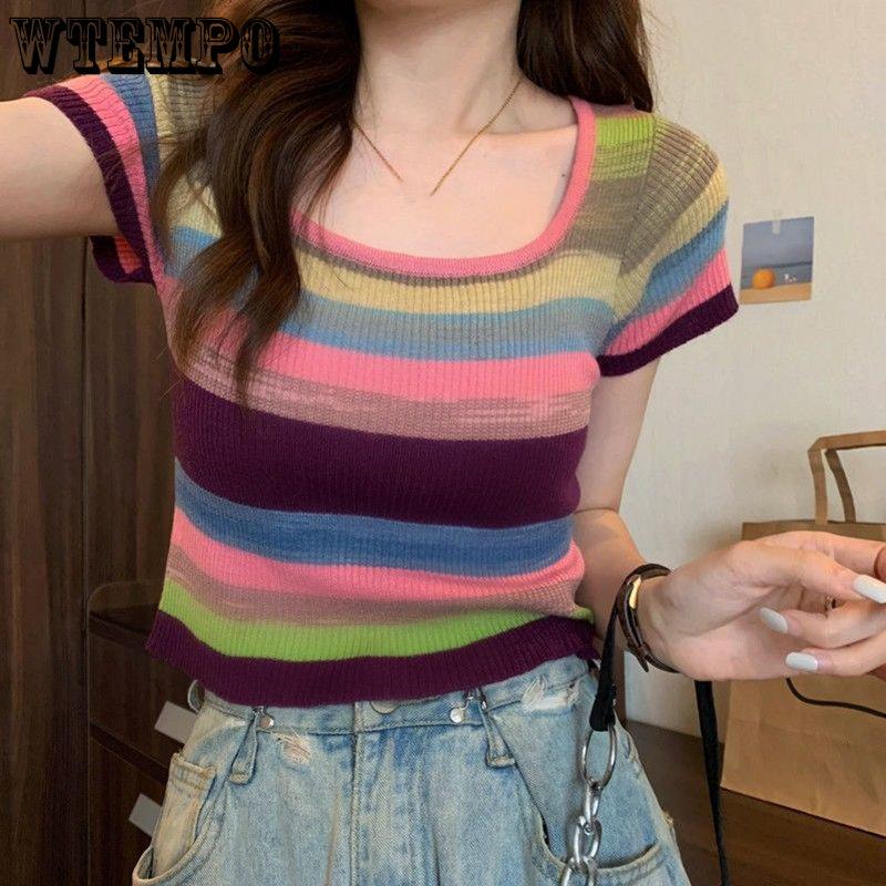 WTEMPO Y2K Knitted Tops Women Rainbow Stripes Tunic Tees Shirts Female Korean Summer Loose Casual T-Shirts