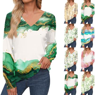 Женские топы с цветочным принтом, рубашка с длинным рукавом и V-образным вырезом, повседневная свободная футболка, осенняя одежда