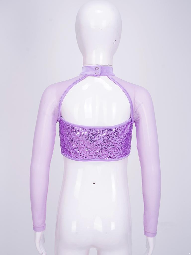 Детский кроп-топ с длинным рукавом, пайетками и сеткой для танцевальных выступлений