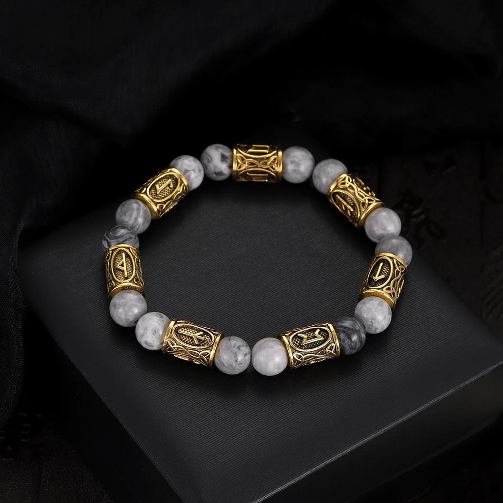 Классический золотой браслет с рунами викингов, 8 мм, из лавового камня, ручная работа, эластичное украшение для женщин и мужчин.