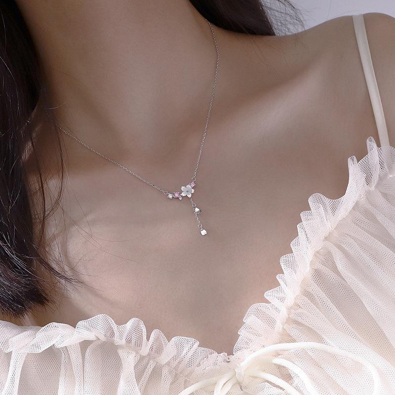 Real 925 Sterling Silver Cherry Flower Shell Long Tassel Necklace for Women Sweet Heart Pendant Clavicle Chain Choker Necklace