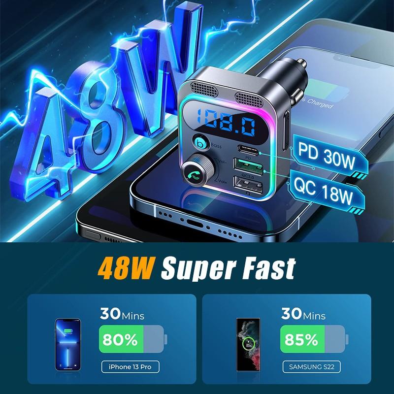 Автомобильный Bluetooth 5.3 FM-передатчик PD30W QC3.0 Автомобильное зарядное устройство с двумя микрофонами Глубокий бас Звук Автомобильный адаптер MP3-плеер