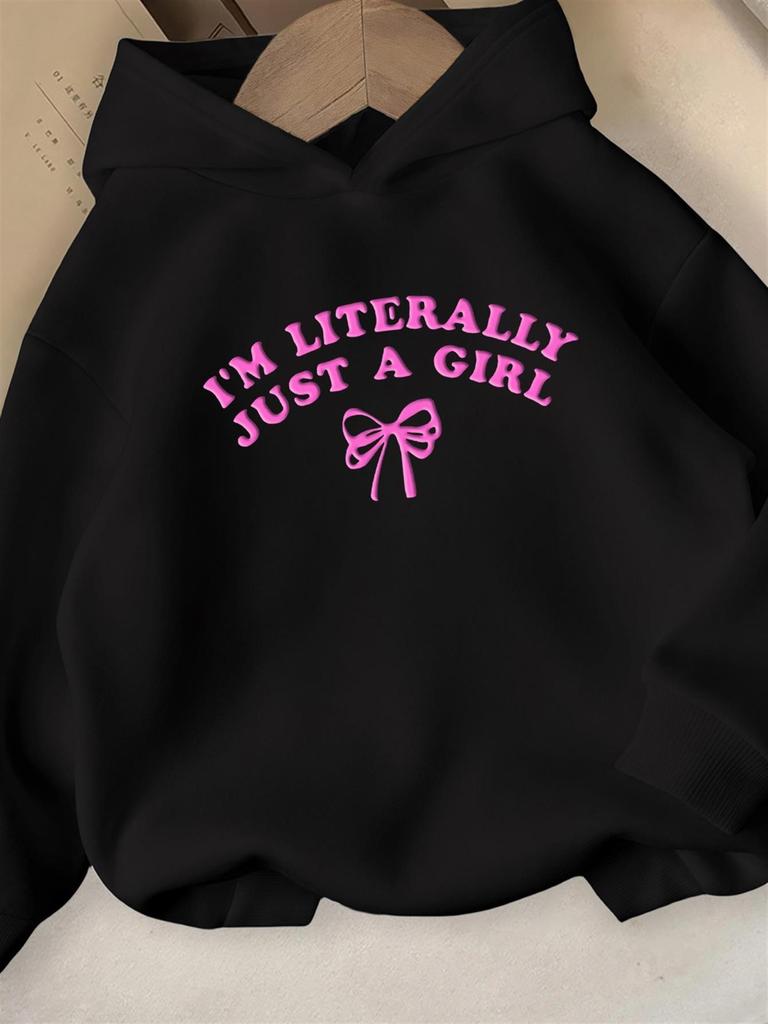 Women'S & Girls' Slim-Fit Hooded Sweatshirt with "I'm Literally a Girl" Slogan & Bow Print - All-Season Casual Pullover Long Sleev