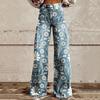 Women Jeans Button Zipper Fly Straight Leg Denim Pants with Pockets Digital Flower Print Long Trousers Streetwear