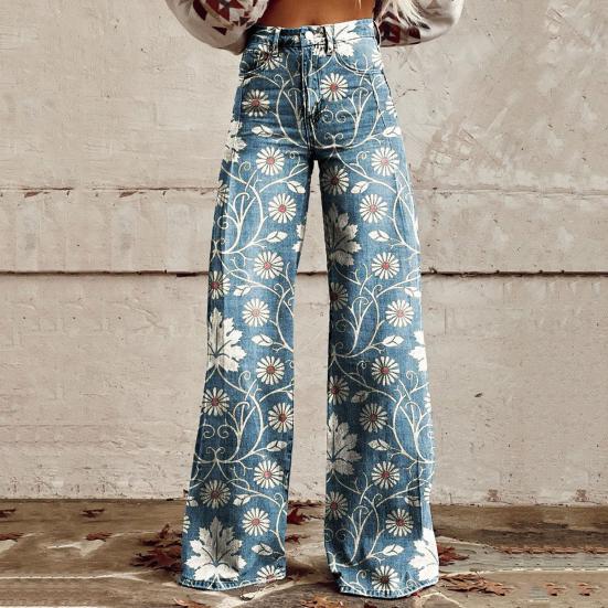 Women Jeans Button Zipper Fly Straight Leg Denim Pants with Pockets Digital Flower Print Long Trousers Streetwear