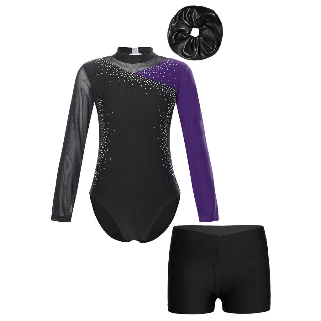 Детский гимнастический наряд для девочек с блестящими стразами и цветными блоками, лоскутное трико с длинными рукавами и шортами, повязка для волос