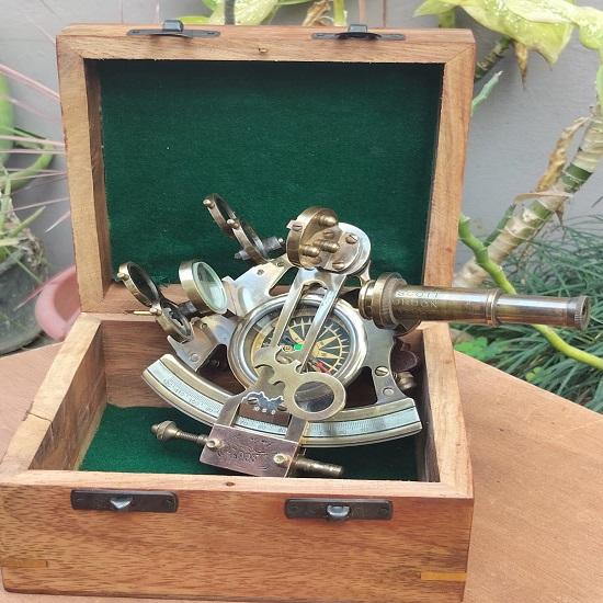 Brass Sextant Compass with Wooden Box Nautical Maritime Navigation Instrument Handcrafted Sailor