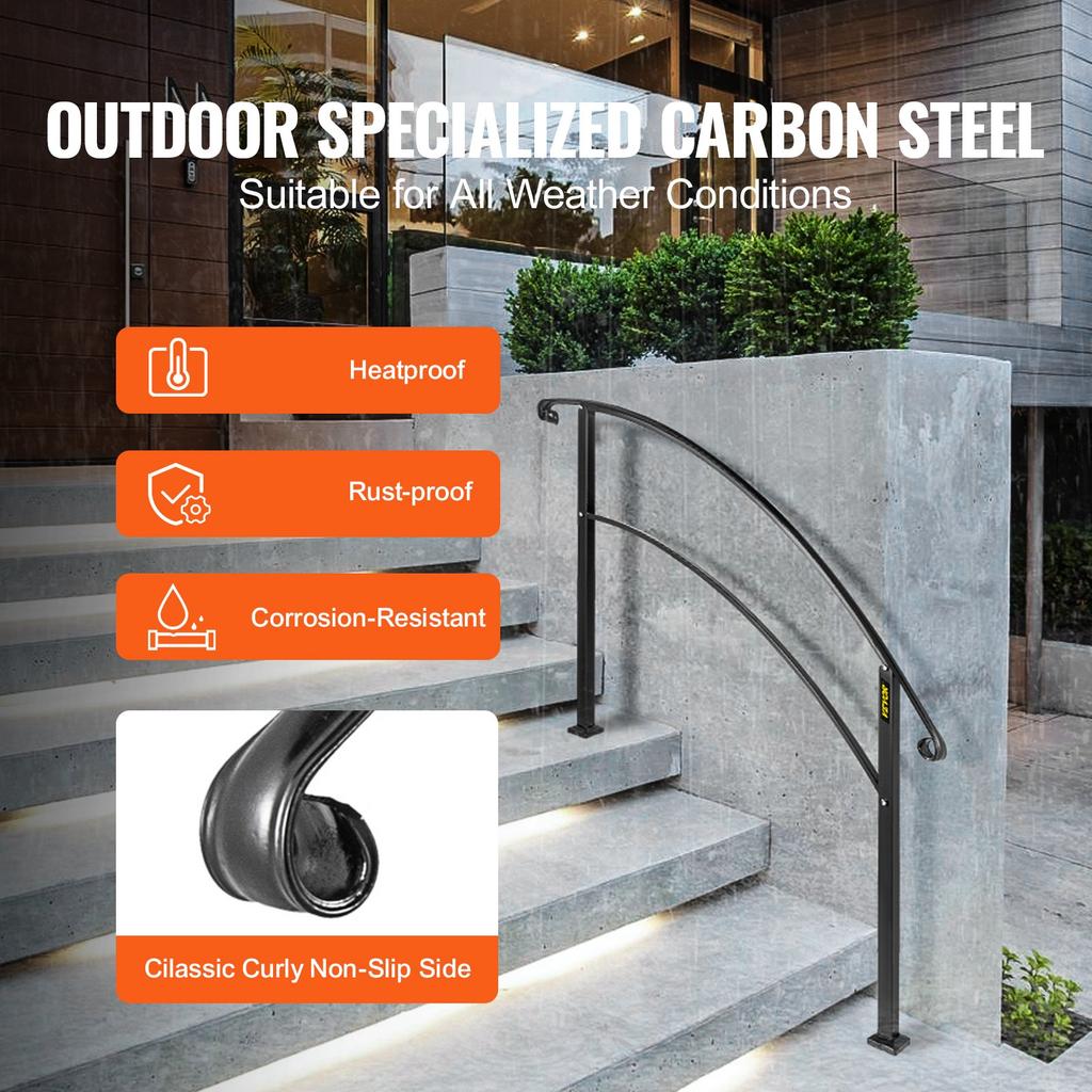 VEVOR 4-Step Handrail Fits 1 or 4 Steps Matte Black Stair Rail Wrought Iron Handrail with Installation Kit Hand Rails for Outdoor Steps