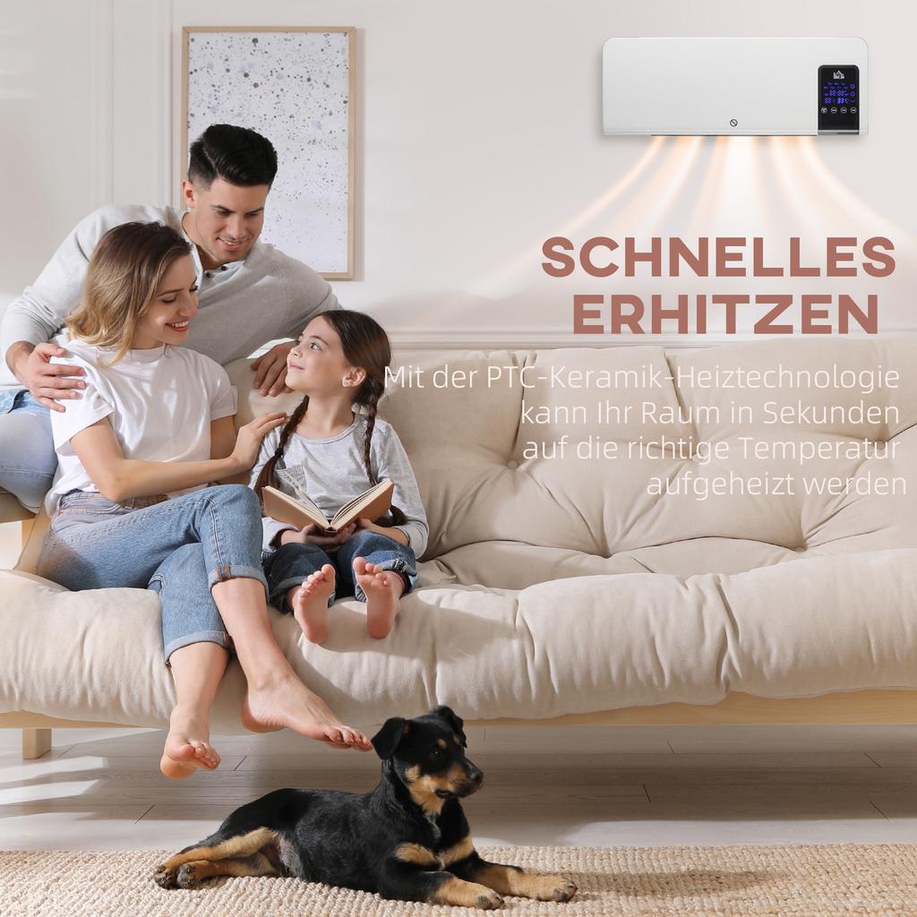 Electric Heater, Wall Mount, Oscillation Function, 2 Modes, Timer, LED Display, White
