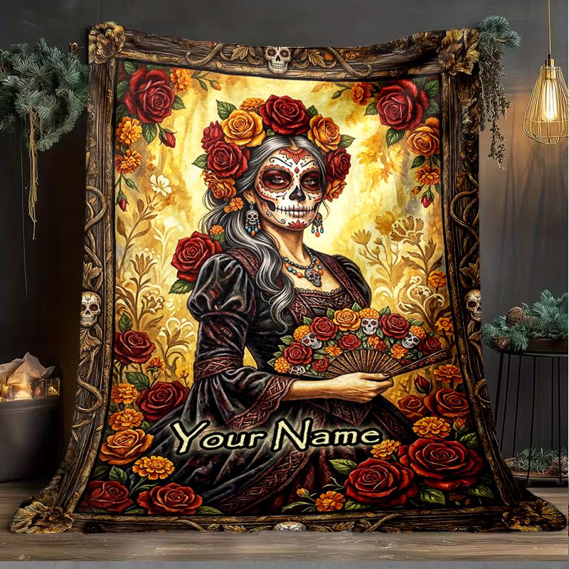 1PC Custom Name Day Dead Portrait flannel blanket versatile,all-season throw suitable for the living room,bedroom,camping,travel,and gift