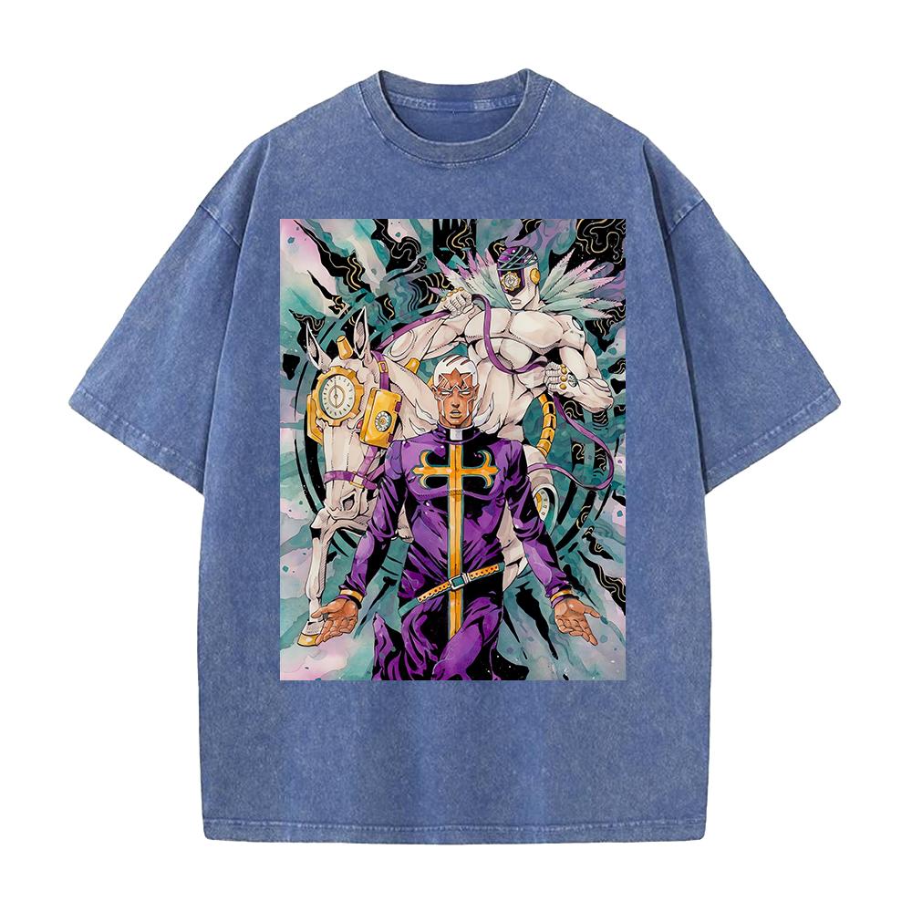Горячая Аниме JoJo's Bizarre Adventure Made In Heaven Одежда Мужчины Женщины Футболки Хлопковая Футболка с Эффектом Стирки Ретро Футболка Харадзюку Футболка