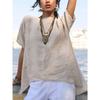 Spring Summer Solid Color Cotton Linen Shirt Casual Irregular Hem Short Sleeve Blouse Loose Round Neck Top for Women