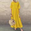 Women Dot Print Maxi Dress Summer Short Sleeve Crew Neck Long Dress Casual Pleated Swing Beach Sundress