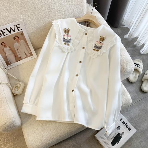 Модные винтажные блузки с воротником Питер Пэн, оборками, нашивками в виде кролика из мультфильма, рубашки, осенний стиль преппи, универсальная одежда для девочек