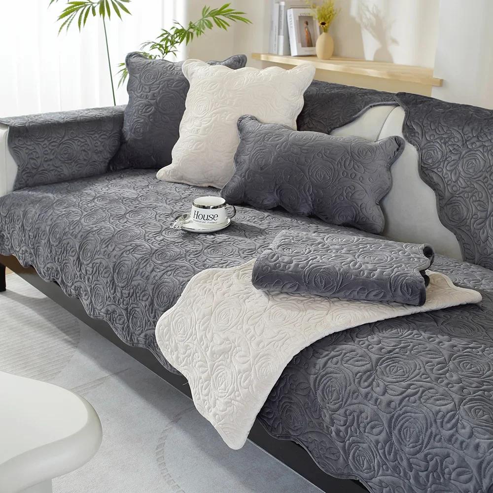 Dutch Velvet Embroider Sofa Cover Non-slip Corner Couch Slipcover Autumn Winter Universal Sofa Cushion Solid Color Sofa Cushion
