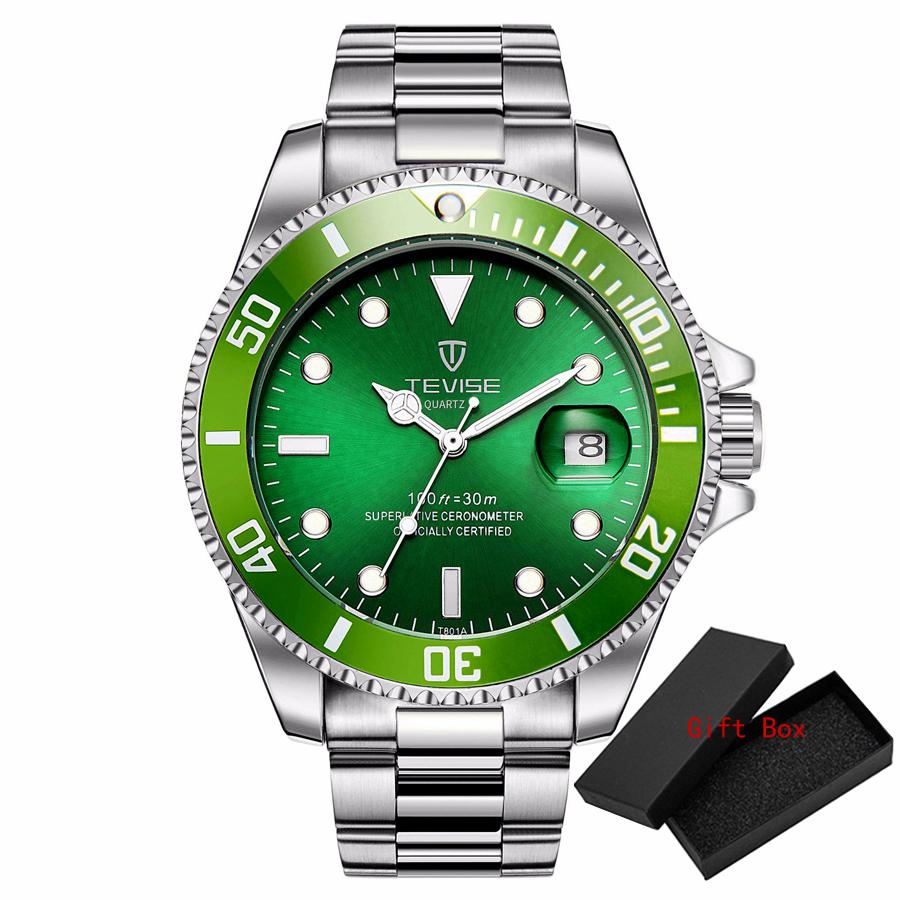 Fashion Tevise Men's Diver Style Quartz Full Stainless Steel Band And Luminous Dial Waterresistant Buseiness Watches