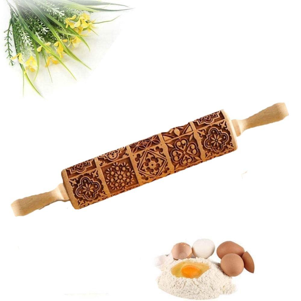 Square Grid Patterned Roller Laser Engraved Embossed Wooden Rolling Pin Cookies Mold Dough
