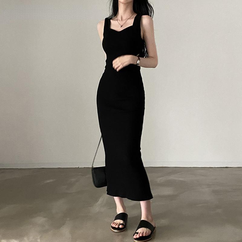 CIBBAR базовое вязаное длинное платье корейской моды с квадратным воротником без рукавов женские платья летние повседневные Y2k винтажные универсальные наряды