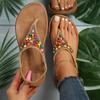 Retro Bohemian Flat Heels Sandals for Women Summer Rhinestone Beads Clip Toe Sandals Woman Lightweight Beach Flip Flops