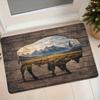 1pc Flannel Floor Mat, Vintage American Country Style with Bison Silhouette Blended with Prairie Mountain Scenery and Wood Grain Texture, Entrance Doo