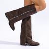 Fashion Side Zip Tall Boots Autumn New Pointed Toe Metal Buckle Anti-Slip Wear-Resistant Block Heel Single Boots