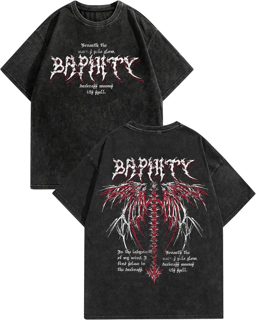 BAPHITY Men 90s Y2K Grunge Acid Washed Tops Graphic Tee, Black, Wings, M