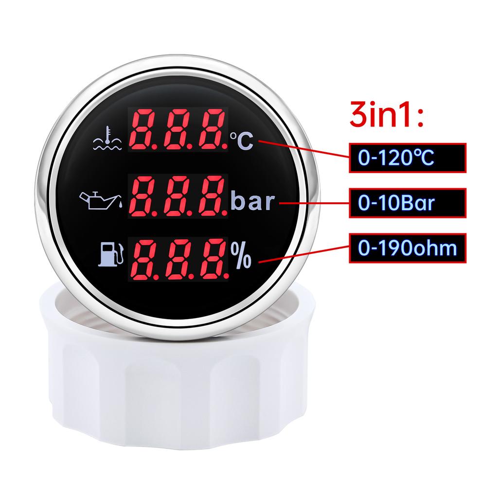 52 мм Цифровой 3 в 1 Водонепроницаемый Автомобильный Морской Датчик Для 12В24В Температура Воды Давление Масла Вольтметр Уровень Топлива С Сигналом Тревоги