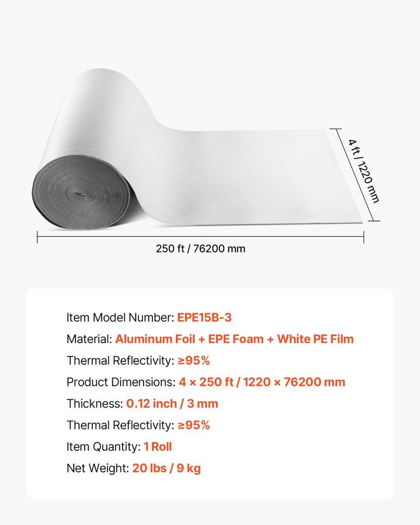 Reflective Insulation Roll, EPE Foam Core Radiant Barrier, 3mm 76.2m x 1.22 m, Aluminum Foil White PE Film Heat Reflective Shield, Thermal Insulation