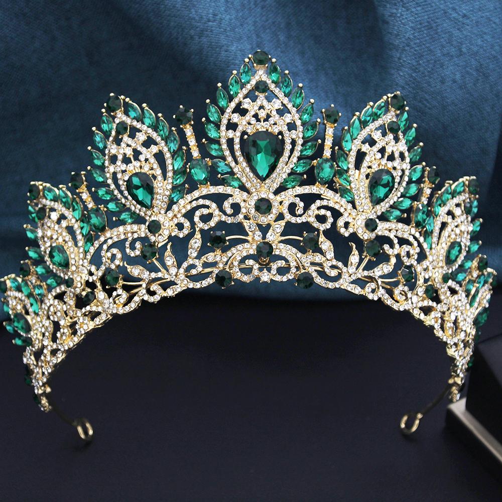 Royal Queen Opal Green Crown Big Diadem Bride Crowns for Women Tiaras Wedding Party Bridal Crown Hair Dress Jewelry Accessori