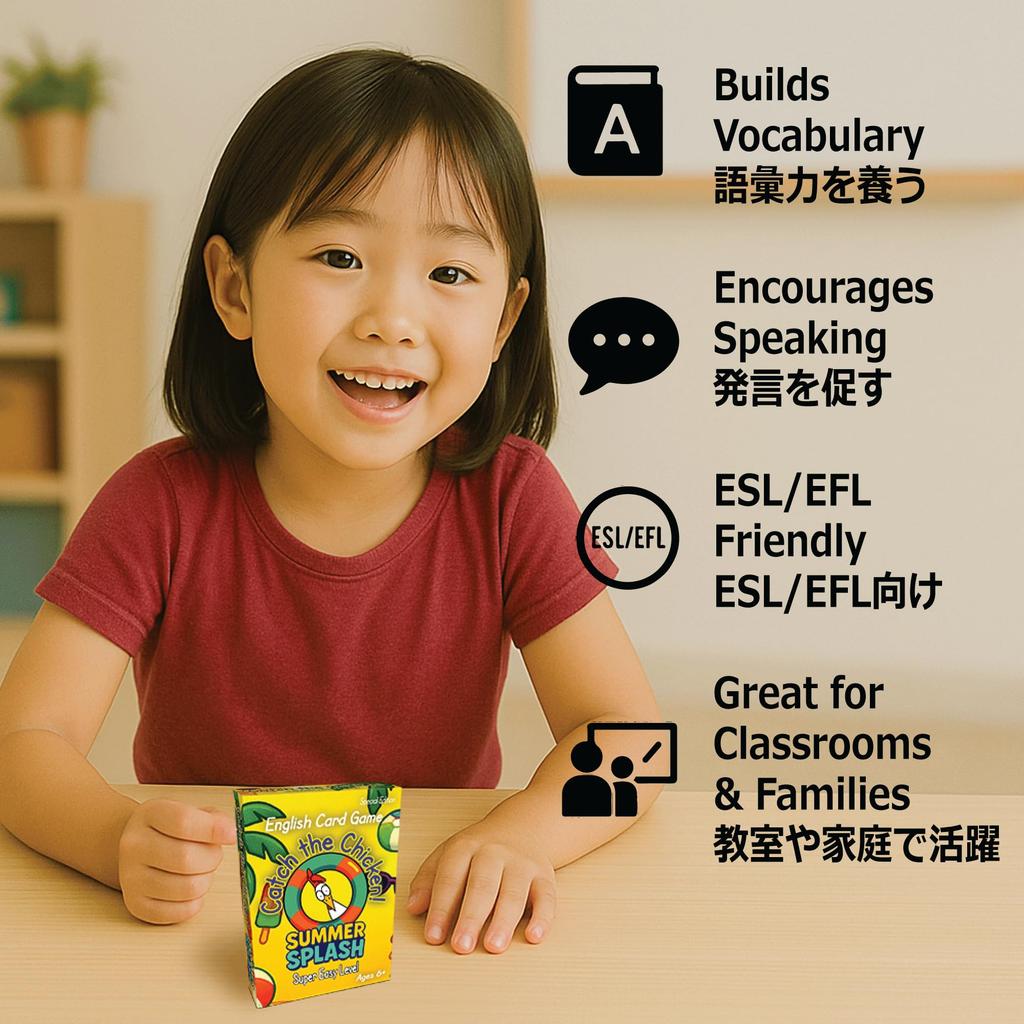 Catch the Chicken Summer Splash English Card Game English Word Game for Kids Summer Verb and Question Cards Ages 6 and Up – Noun,