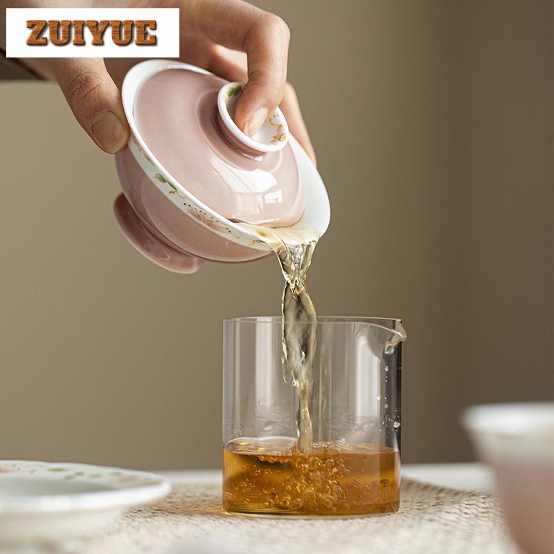 120ml Apricot Powder Hand-painted Wide Mouthed Gaiwan Retro Tea Tureen Tea Bowl With Lid Kit Tea Brewing Cover Bowl Teaset Craft