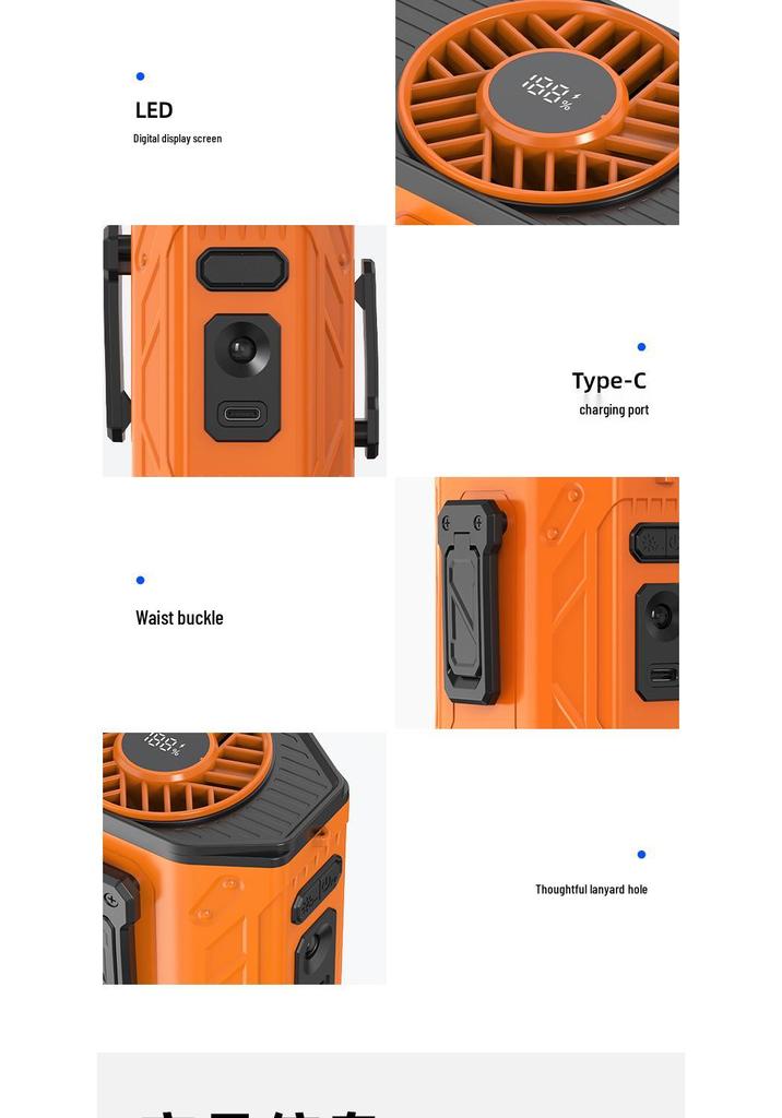 Portable Waist-Hanging Fan with Flashlight & SOS - Outdoor Construction Cooling Tool with Stand