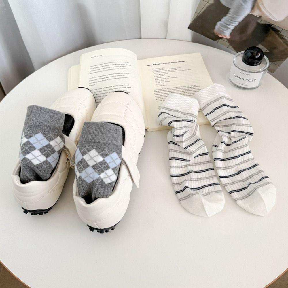 Small Flower Cotton Socks Grey Checkered Boneless Pile Socks New Mid-calf Socks Spring Summer